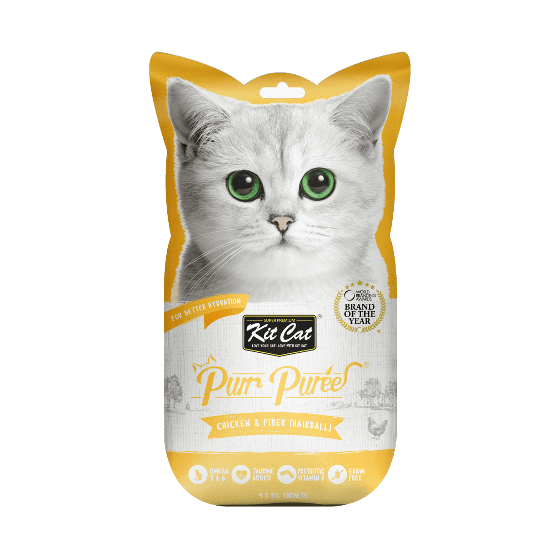 Recompense lichde pentru pisici Kit Cat Purr Puree, pui si fibre, Hairball, 4 x 15g