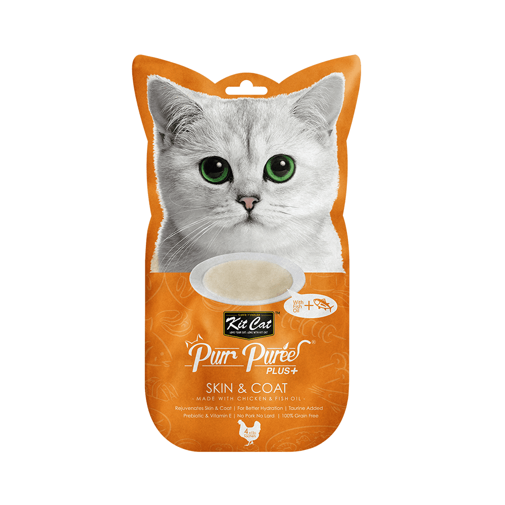 Recompense lichde pentru pisici Kit Cat Purr Puree Plus+ Skin & Coat , pui si ulei de peste, 4x15g