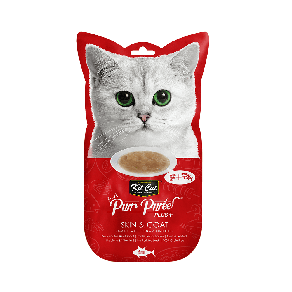 Recompense lichde pentru pisici Kit Cat Purr Puree Plus+ Skin & Coat , ton si ulei de peste, 4x15g