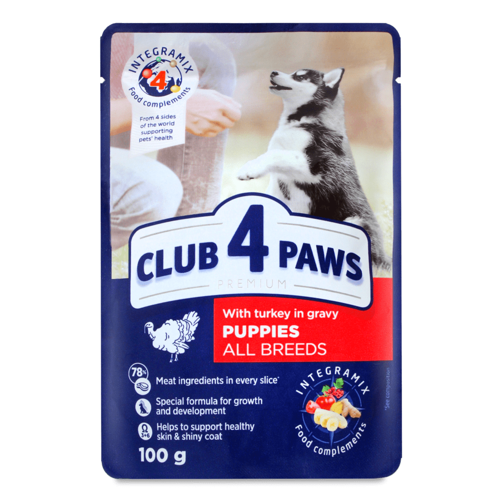 Hrana umeda pentru caini junior, CLUB 4 PAWS Premium, curcan in sos, 100g