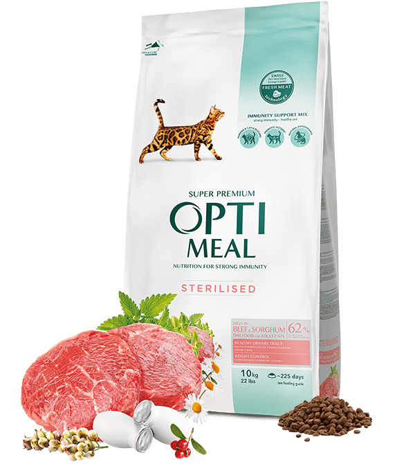Hrana uscata pentru pisici adulte, Sup[er Premium OPTIMEAL DRY FOOD, vita si sorg, 10kg