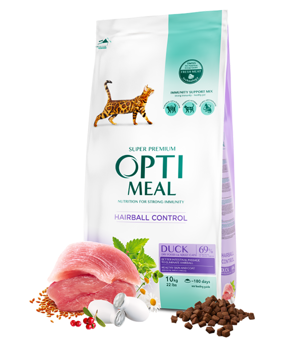 Hrana uscata pentru pisici adulte, Super Premium OPTIMEAL DRY FOOD, eliminarea ghemotoacelor, rata, 10 kg