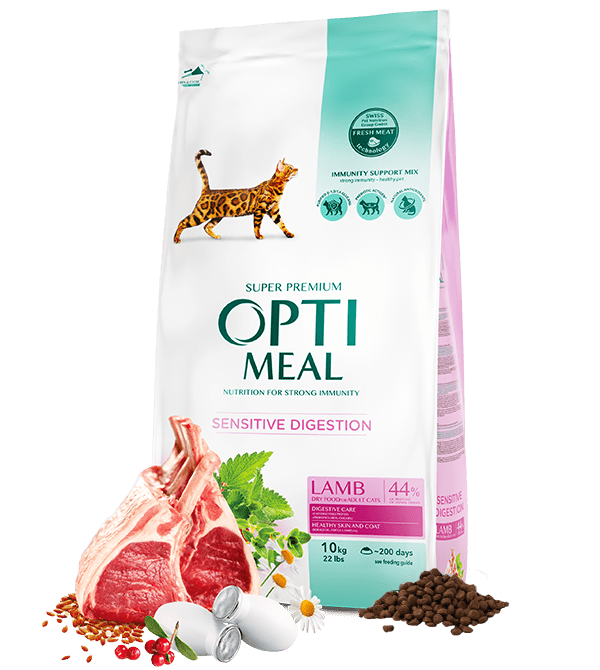Hrana uscata pentru pisici adulte cu digestie sensibila, Super Premium OPTIMEAL DRY FOOD, miel, 10 kg