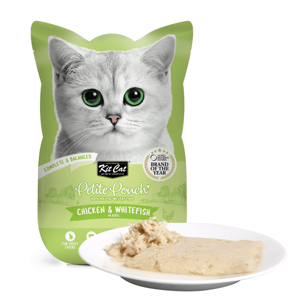 Hrana umeda pentru pisici 100% holistica, Kit Cat Petite Pouch 70g, pui si biban de mare, 24 plicuri x 70g