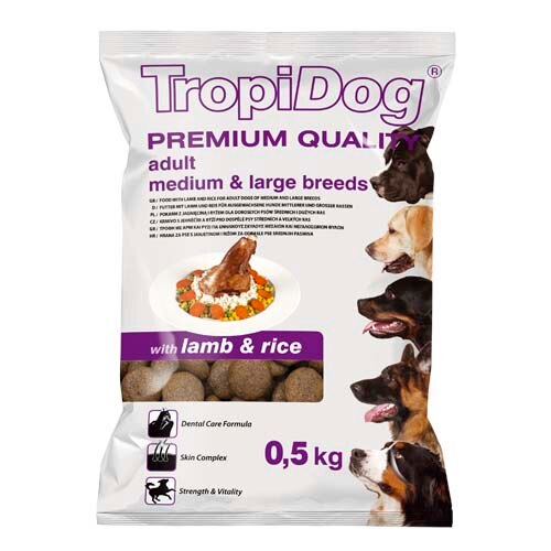 Hrana uscata pentru caini TropiDog, Premium Adult, tale medie si mare, miel & orez, 500g