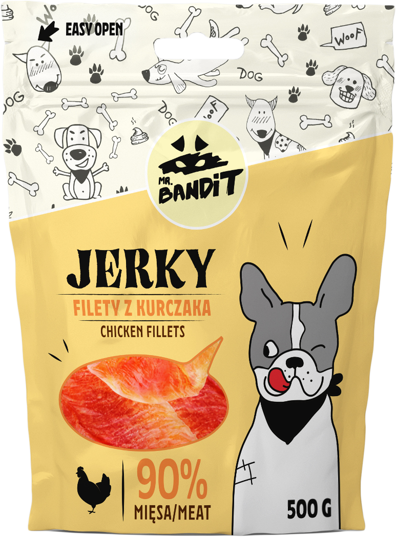 Recompense pentru caini Mr. Bandit JERKY, pui, 500g