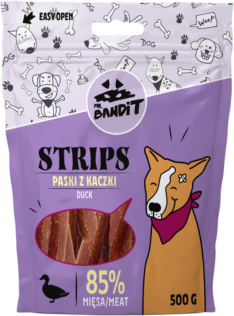 Recompense pentru caini Mr. Bandit STRIPS, rata, 500g