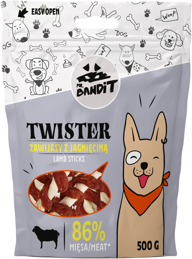 Recompense pentru caini Mr. Bandit TWISTER, miel, 500g