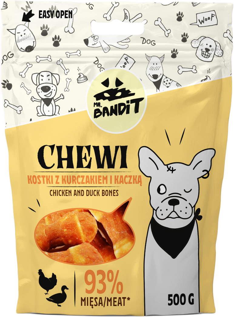 Recompense pentru caini Mr. Bandit CHEWI, oase de pui si rata, 500g