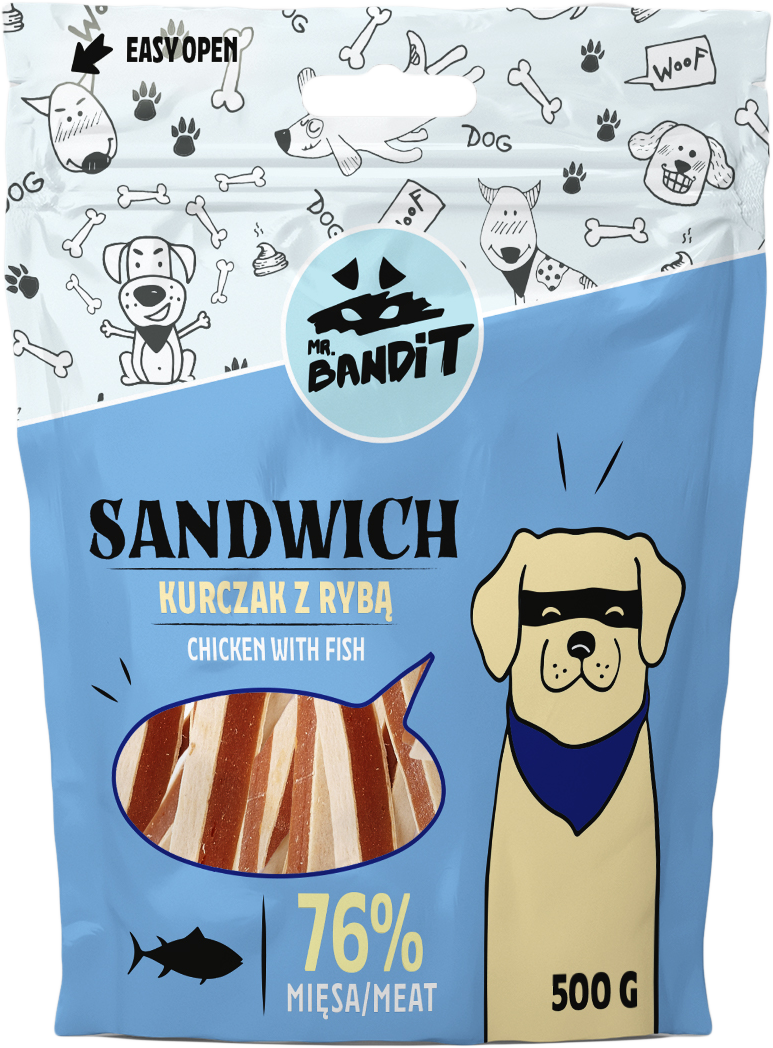 Recompense pentru caini Mr. Bandit SANDWICH, pui cu peste, 500g