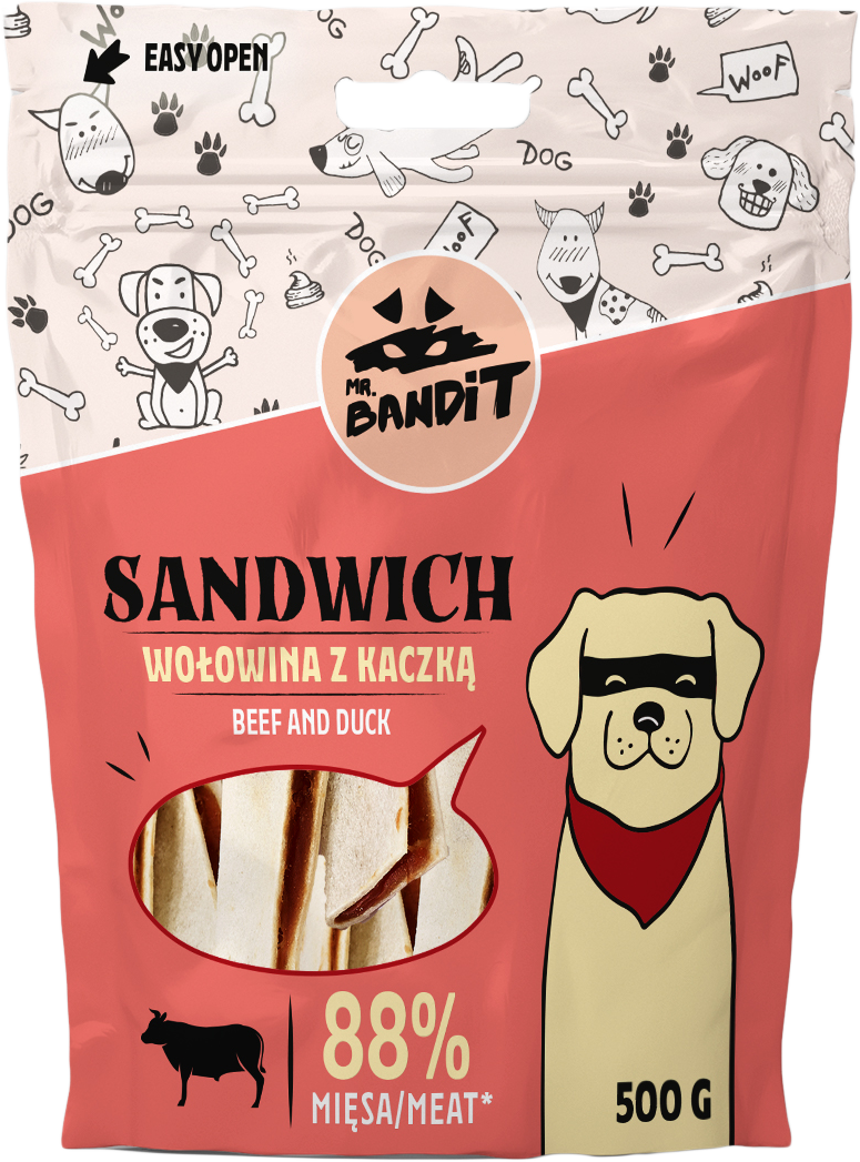 Recompense pentru caini Mr. Bandit SANDWICH, vita cu rata, 500g