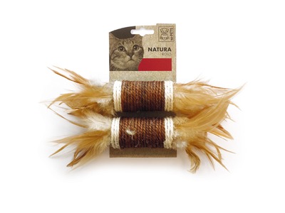 Jucarie pentru pisici NATURA M-PETS, 2x rulouri din sfoara si pene, 24 cm Ø4,5 cm