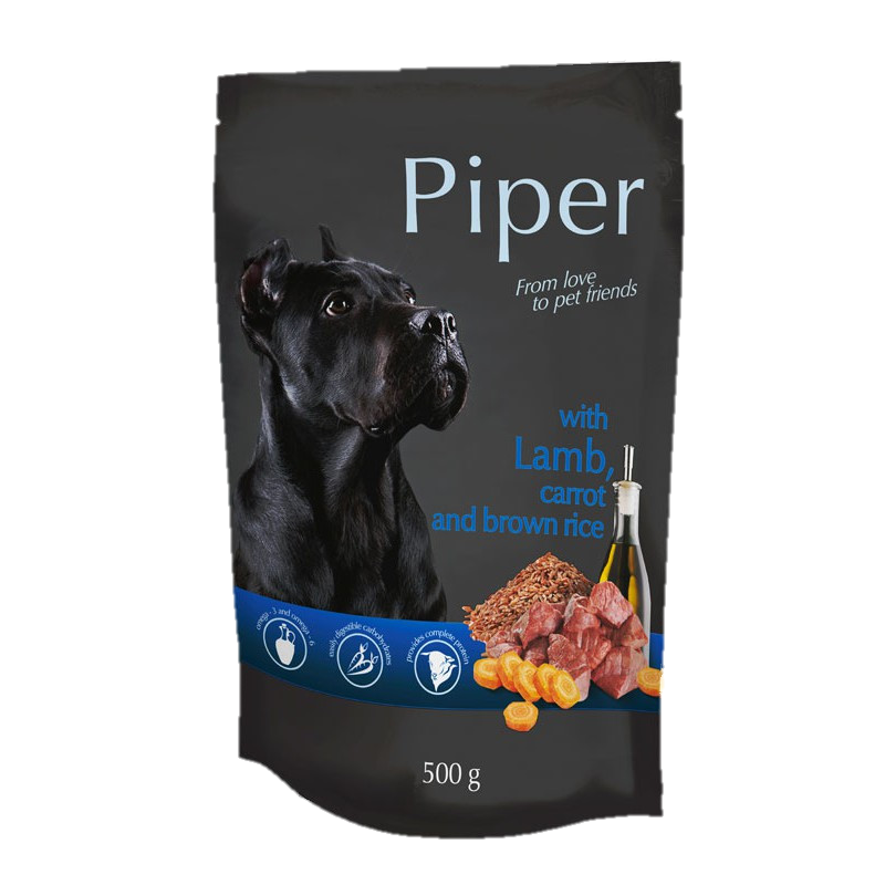 Hrana umeda pentru caini Piper Adult, Miel, Morcovi si Orez brun, 500 g